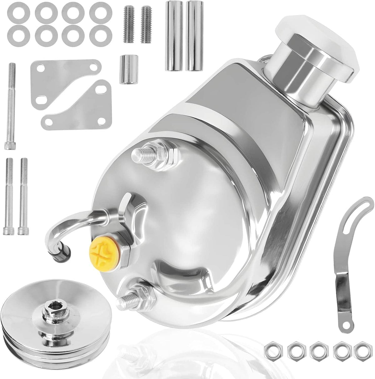 Solidspare New Chrome Power Steering Pump w/ Bracket & Pulley Kit For SBC Chevy 350 305
