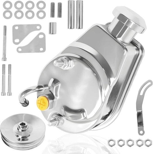 Solidspare New Chrome Power Steering Pump w/ Bracket & Pulley Kit For SBC Chevy 350 305