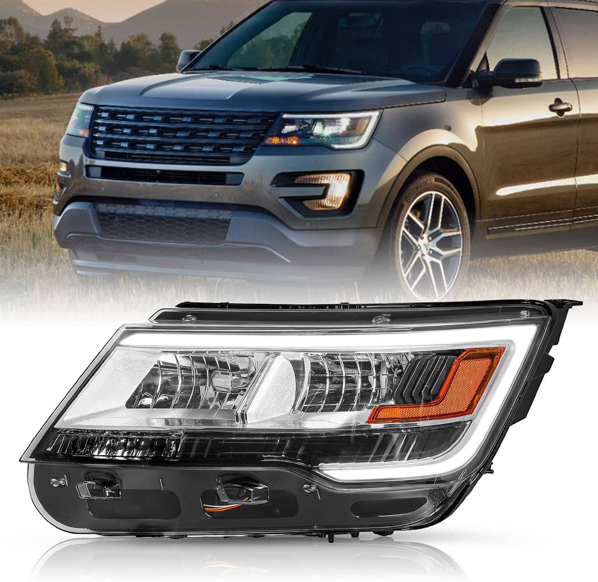 Solidspare New Driver Left Side Headlight w/ LED DRL For 16-19 Ford Explorer Chrome Housing