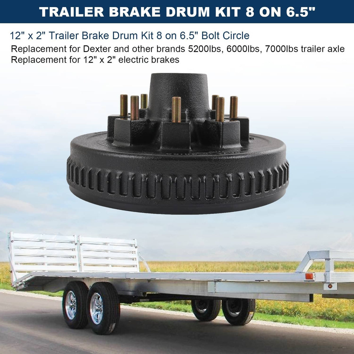 Solidspare 8 on 6.5" Bolt Circle Hub Drum Kits w/ 12" x 2" LH&RH Electric Brake for 7000lbs