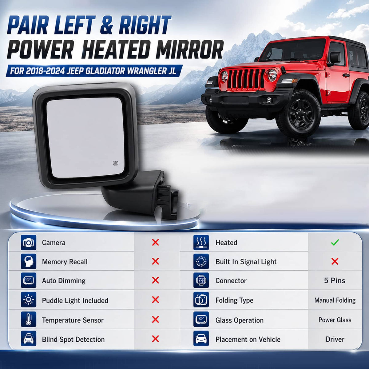 Solidspare Left & Right Power Heated Mirror Set for 2018-2024 Jeep Gladiator Wrangler JL