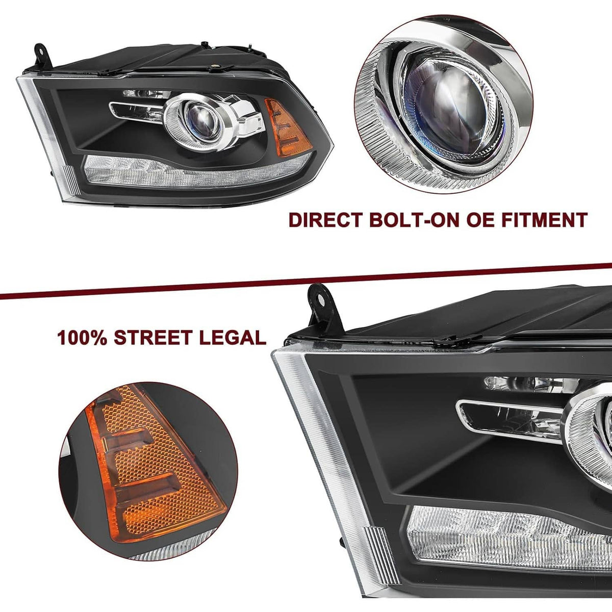 Solidspare New For 2009-2018 Dodge Ram 1500 2500 3500 Black Projector Headlights w/ LED DRL