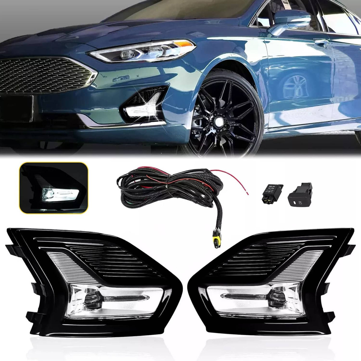 Solid Spare For Ford Fusion 2019-2020 LED Fog Lights Driving Lamps w/Bezel Wiring Left+Right