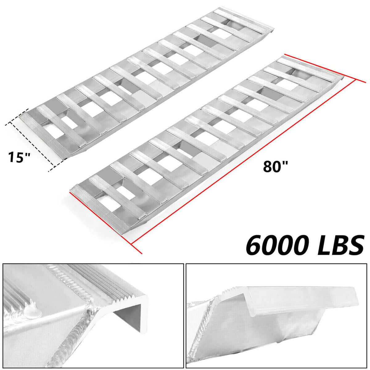 Solidspare 2Pcs 80"×15" 6000Lbs Car Trailer Ramps Truck Hook End Knife 1 Pair, Aluminum