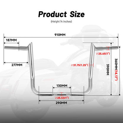 Solidspare For 2009-2023 Harley TRI GLIDE FLHTCUTG 14" Rise Meathook Ape Hanger Handlebar
