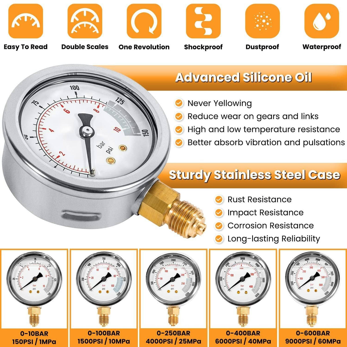 Solidspare 60Mpa Hydraulic Pressure Test Kit 5 Gauges 13 Couplings 14 Tee Connectors 5 Hose