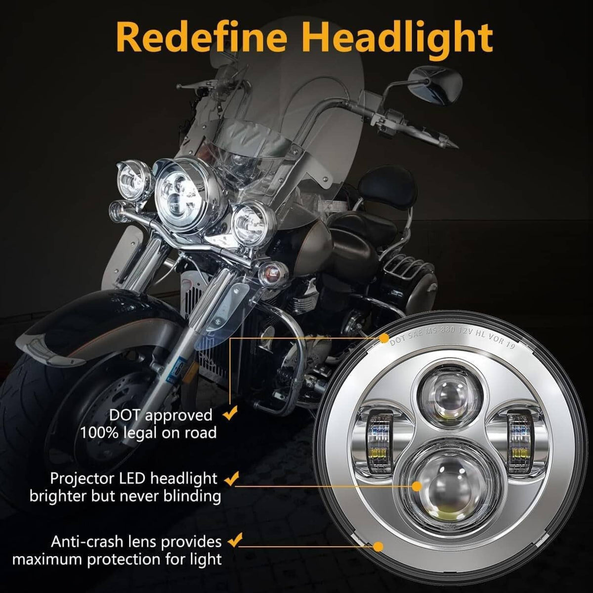 Solidspare 7 Inch 140W LED Headlight Hi/Lo + 2Pcs 4.5Inch 80W Fog Light for Harley Davidson