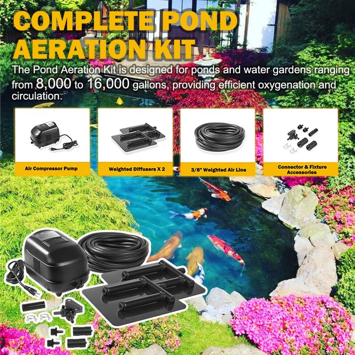 Solidspare Complete Pond Aeration Kit Fits Water Gardens & Koi Ponds 8,000-16,000 Gallons