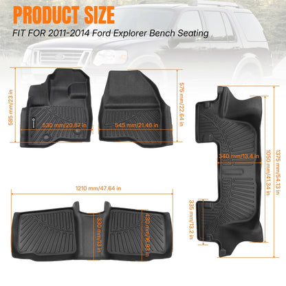 Solidspare Floor Mats For 2011-2014 Ford Explorer Bench Seating All Weather (3 Rows Liners)