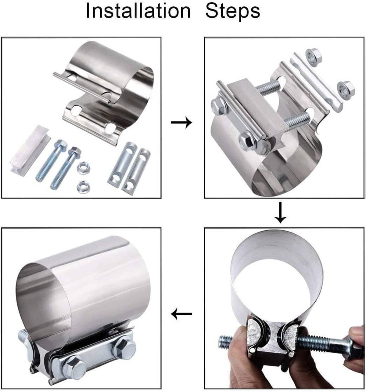 Solidspare 2Pcs 2.5" Inch Butt Joint Band Exhaust Clamp Sleeve Coupler T304 Stainless Steel