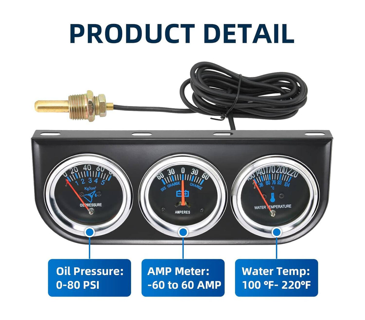 Solidspare Black 2" 52mm Car 3 in 1 Triple Gauge Set Kit AMP Meter Water Temp Oil Pressure