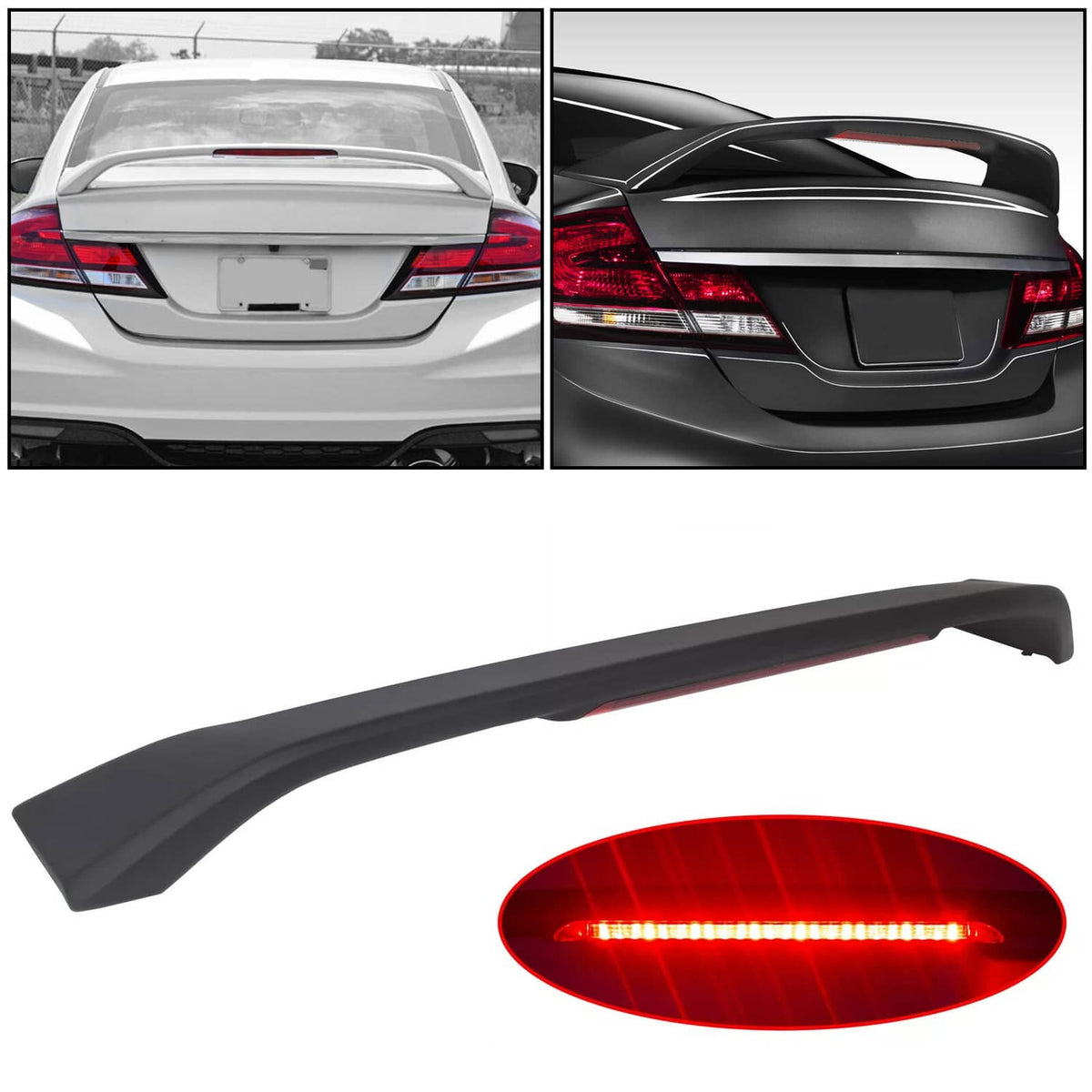 Solid Spare For 12-15 Honda Civic 4DR SI Paintable Trunk Spoiler Wing LED Brake Light Lamp