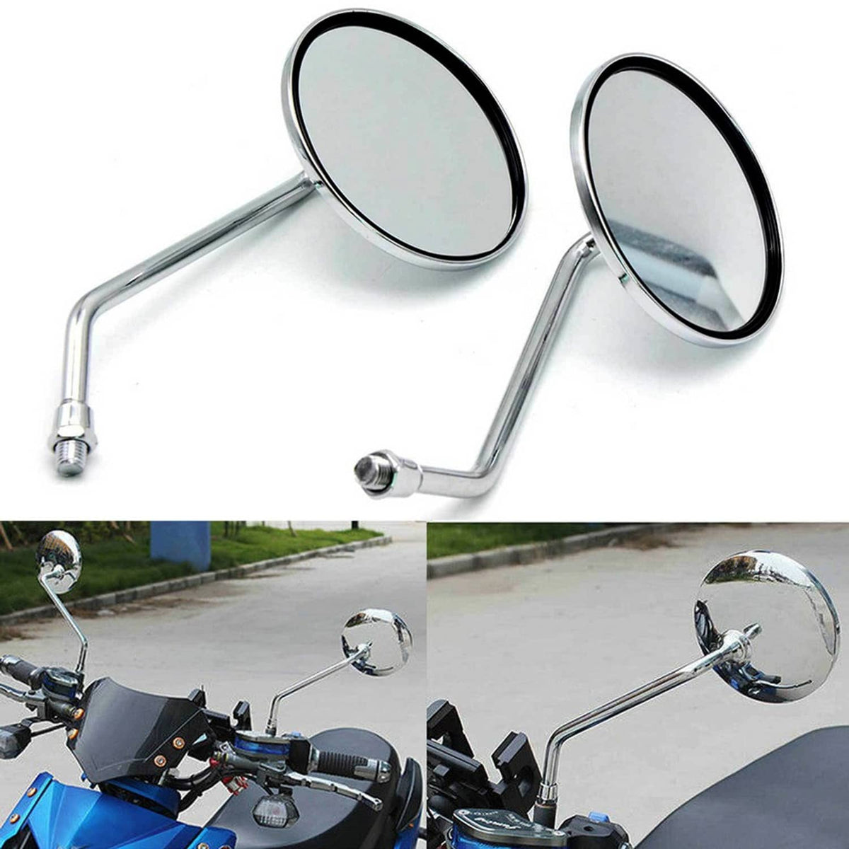 Solidspare 10mm Motorcycle Rearview Side Mirrors Round Long Stem For Honda Yamaha Kawasaki