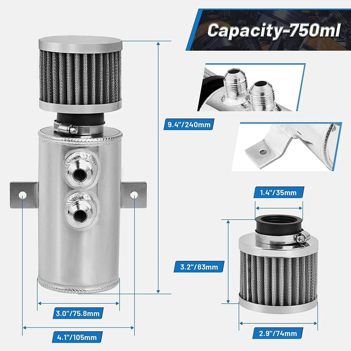 Solidspare 750ml 10AN Oil Catch Can Reservoir Tank & Breather Filter Baffled Kit Aluminum
