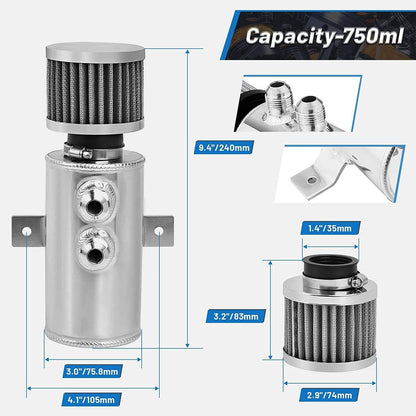 Solidspare 750ml 10AN Oil Catch Can Reservoir Tank & Breather Filter Baffled Kit Aluminum