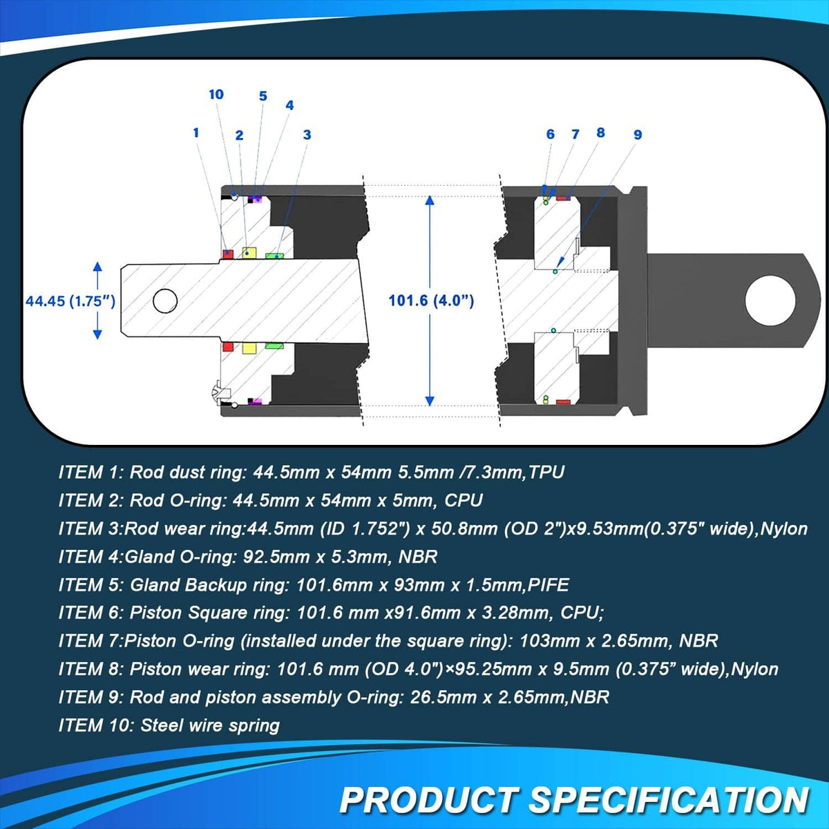 Solid Spare 4.0" Bore x 1.75" Rod Cylinder Hydraulic Log Splitter Cylinder Rebuild Seal Kit