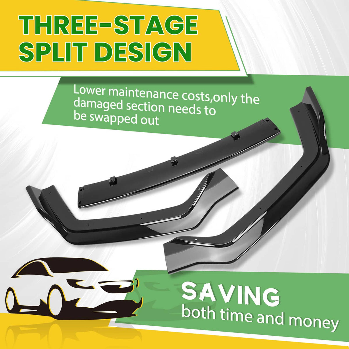 Solid Spare Fits Infiniti Q50 Sport 18-24 Gloss Black PP 3PC Front Bumper Lip Chin Splitter
