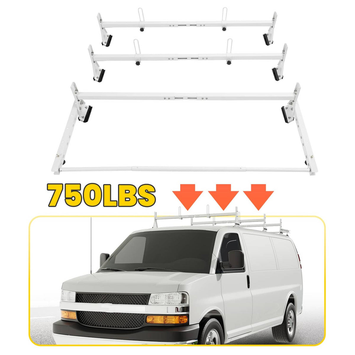 Solid Spare 750 lbs Roof Ladder Rack W/Cargo Roller For Chevy Express Savana 2500/3500 96-23