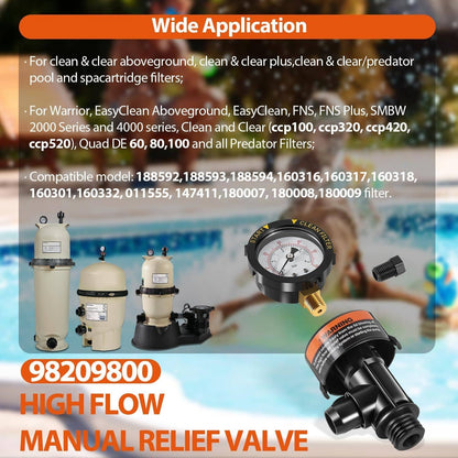Solid Spare 98209800 High Flow Manual Air Relief Valve with Gauge for Pentair Pool Filters
