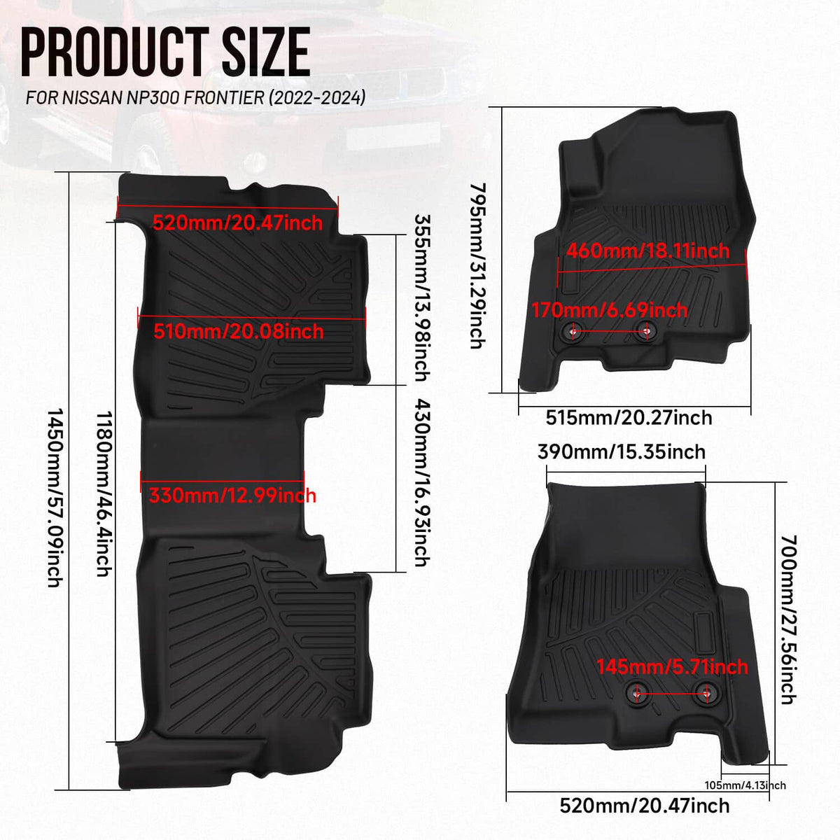 Solidspare Floor Mats for 2022-2025 Nissan Frontier Crew Cab All Weather TPE 3PCS Liner Set