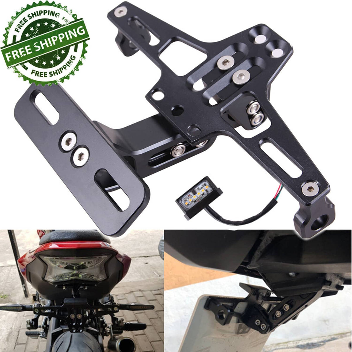 Solidspare CNC Motorcycle Fender Eliminator License Plate Holder Bracket W/ LED Tail Light
