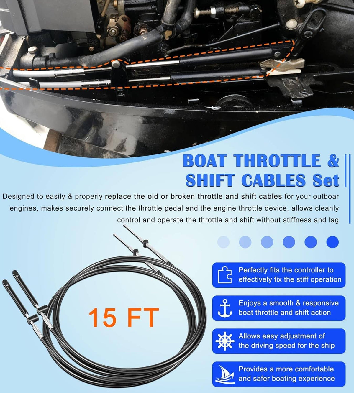 Solid Spare 15ft Gen1 Boat Throttle&Shift Cables for Mercury Outboard 600A Series Controller