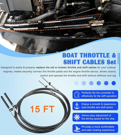 Solid Spare 15ft Gen1 Boat Throttle&Shift Cables for Mercury Outboard 600A Series Controller
