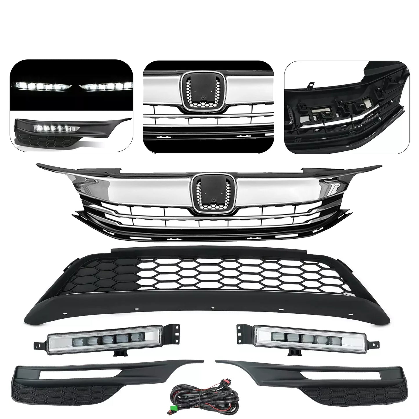 For 2016 2017 Honda Accord Sedan Front Upper/Lower Grille & LED Fog Lights Set