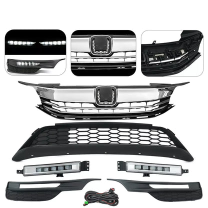 For 2016 2017 Honda Accord Sedan Front Upper/Lower Grille & LED Fog Lights Set