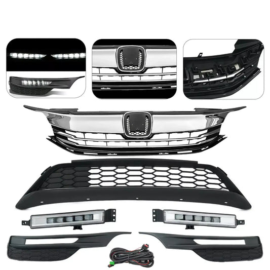 Solid Spare For 2016 2017 Honda Accord Sedan Front Upper/Lower Grille & LED Fog Lights Set