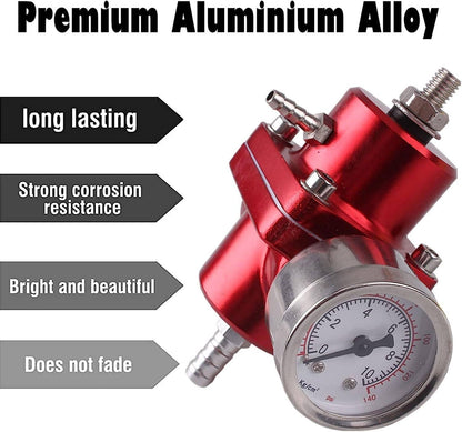 Solidspare Universal Red Adjustable Fuel Pressure Regulator + Gauge+ Fitting Kit Aluminum