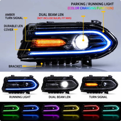 Solidspare Pair For 2015-2021 Dodge Charger LED Projector Headlights RGB Color Change Lamps