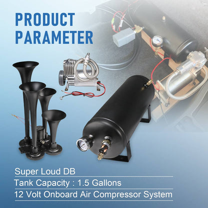 Solidspare Train Horn Kit 4 Trumpets Semi Loud System 1.5G Air Tank 150PSI FITS Truck Car