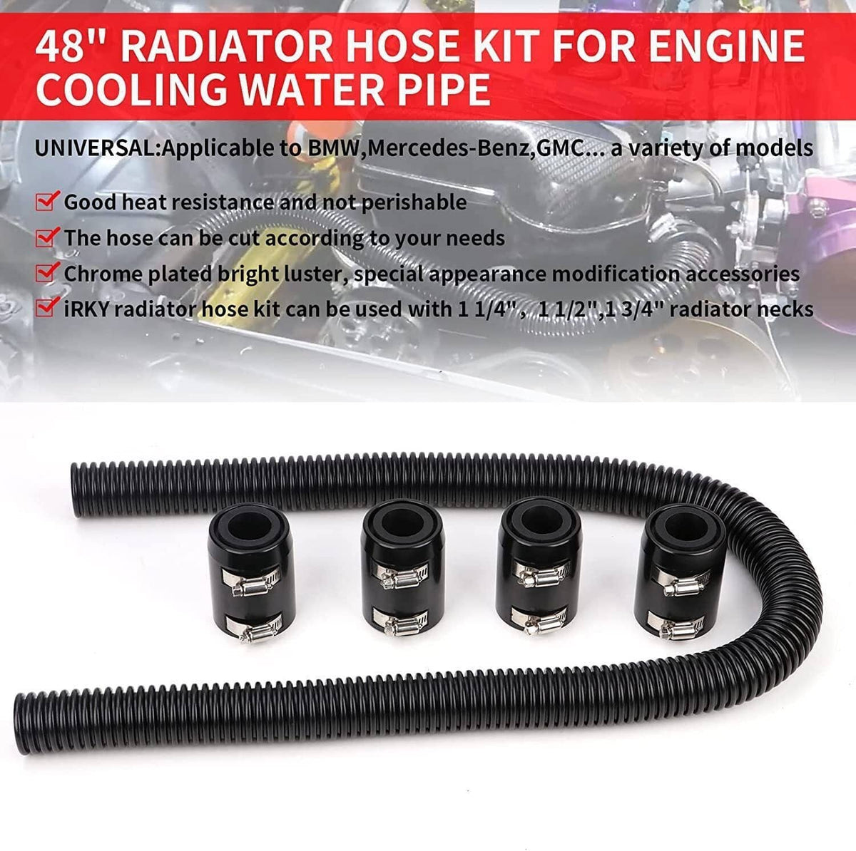 Solidspare 48" Stainless Steel Radiator Flexible Coolant Water Hose w/ Caps Kit Universal