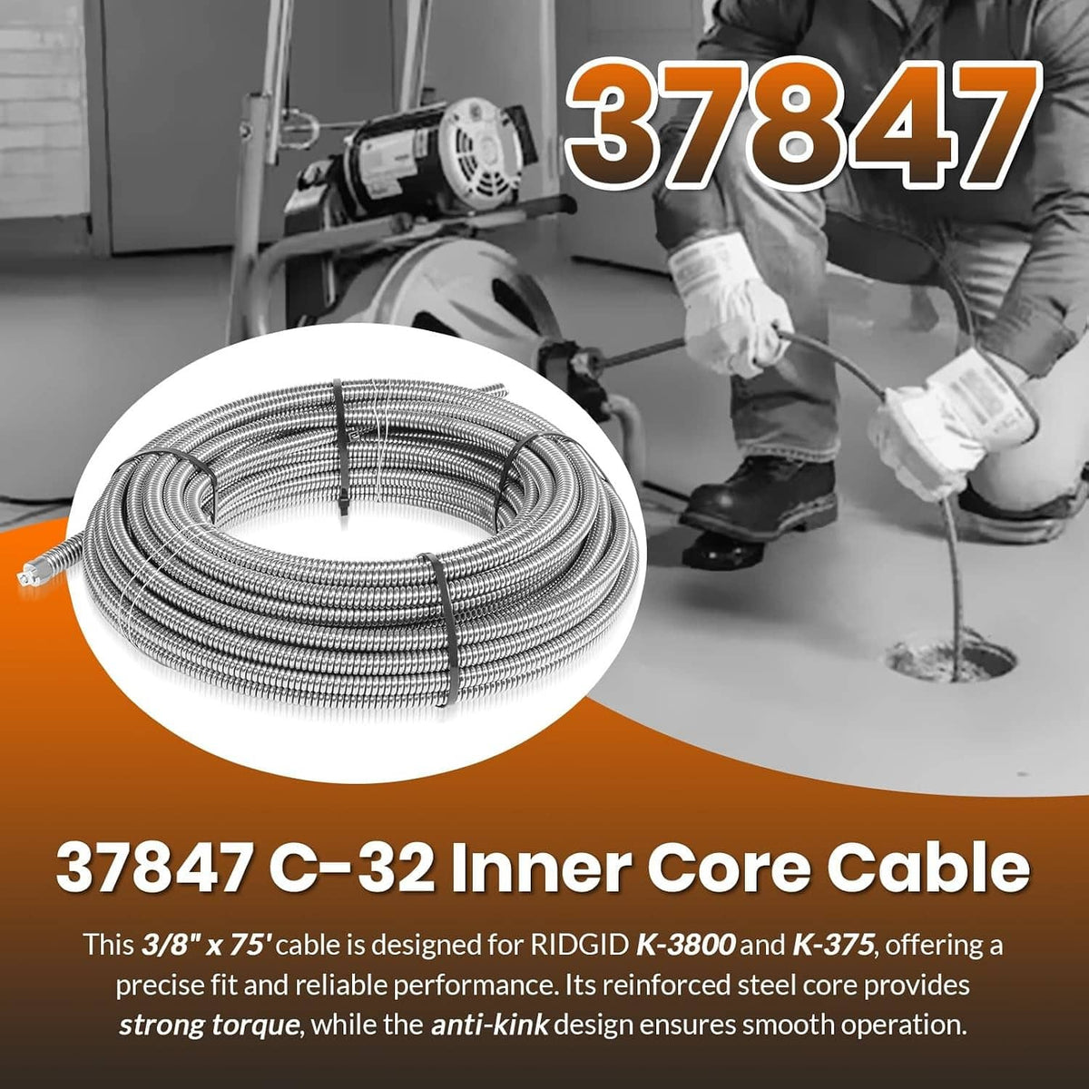 Solidspare 37847 C-32 Inner Core 3/8" x 75' Drain Cleaning Cable for K-3800 K-375 Machines