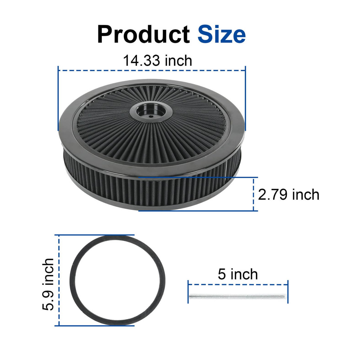 Solidspare 14" X 3" Black Round High Flow Thru Washable Air Cleaner Drop Base For SBC BBC