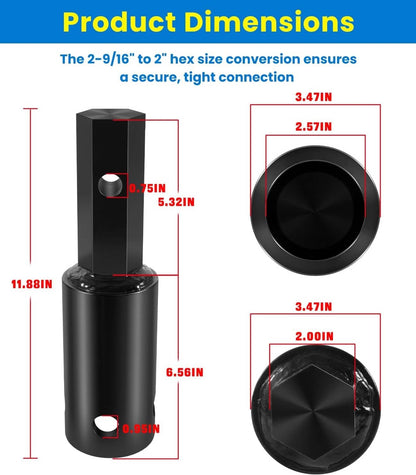 Solid Spare Heavy Duty Auger Adapter 2-9/16" Female Round to 2" Male Hex for Augers