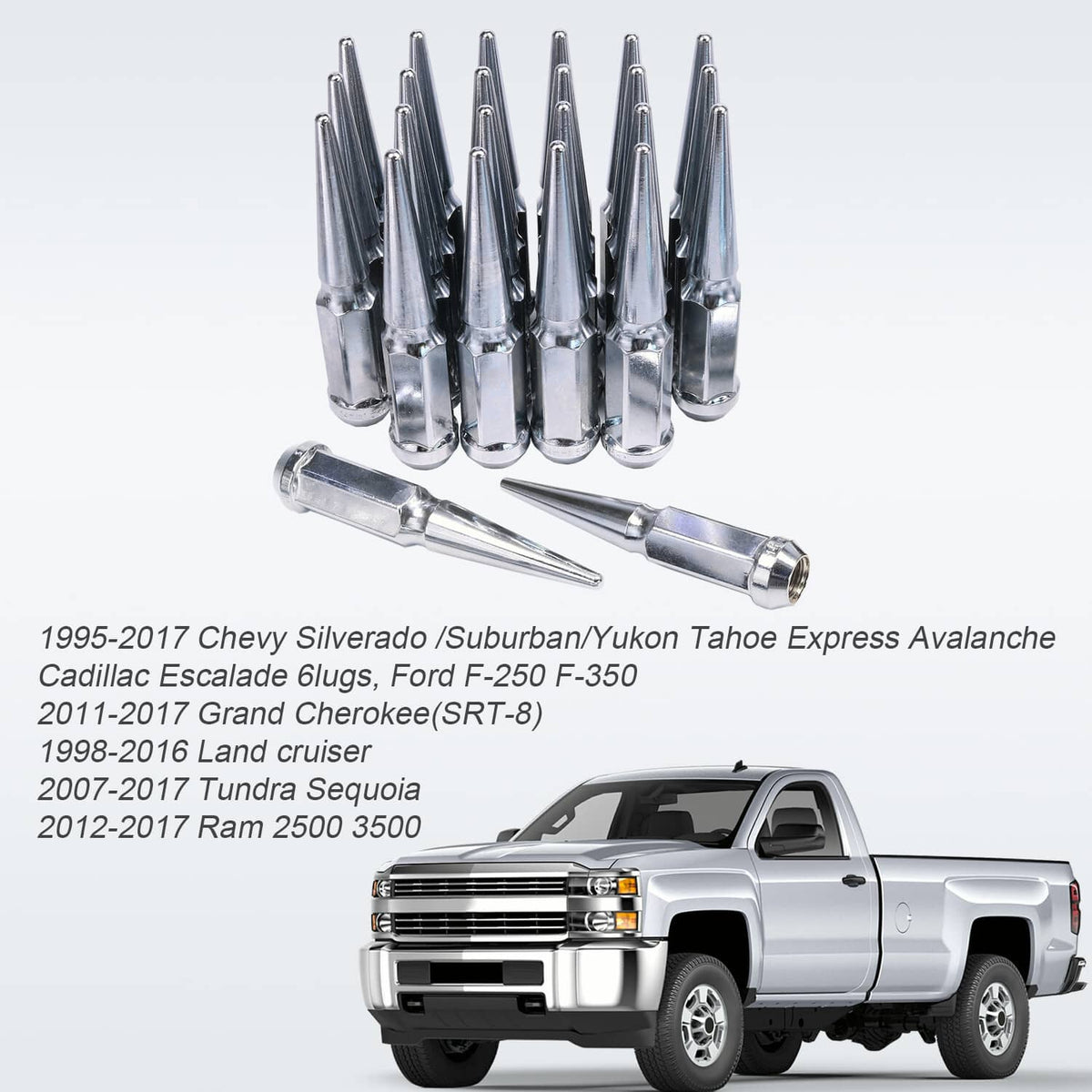 Solidspare 24 PCS M14x1.5 Spike Lug Nuts Chrome For Chevy Silverado Tahoe 4.4" Tall W/ Key