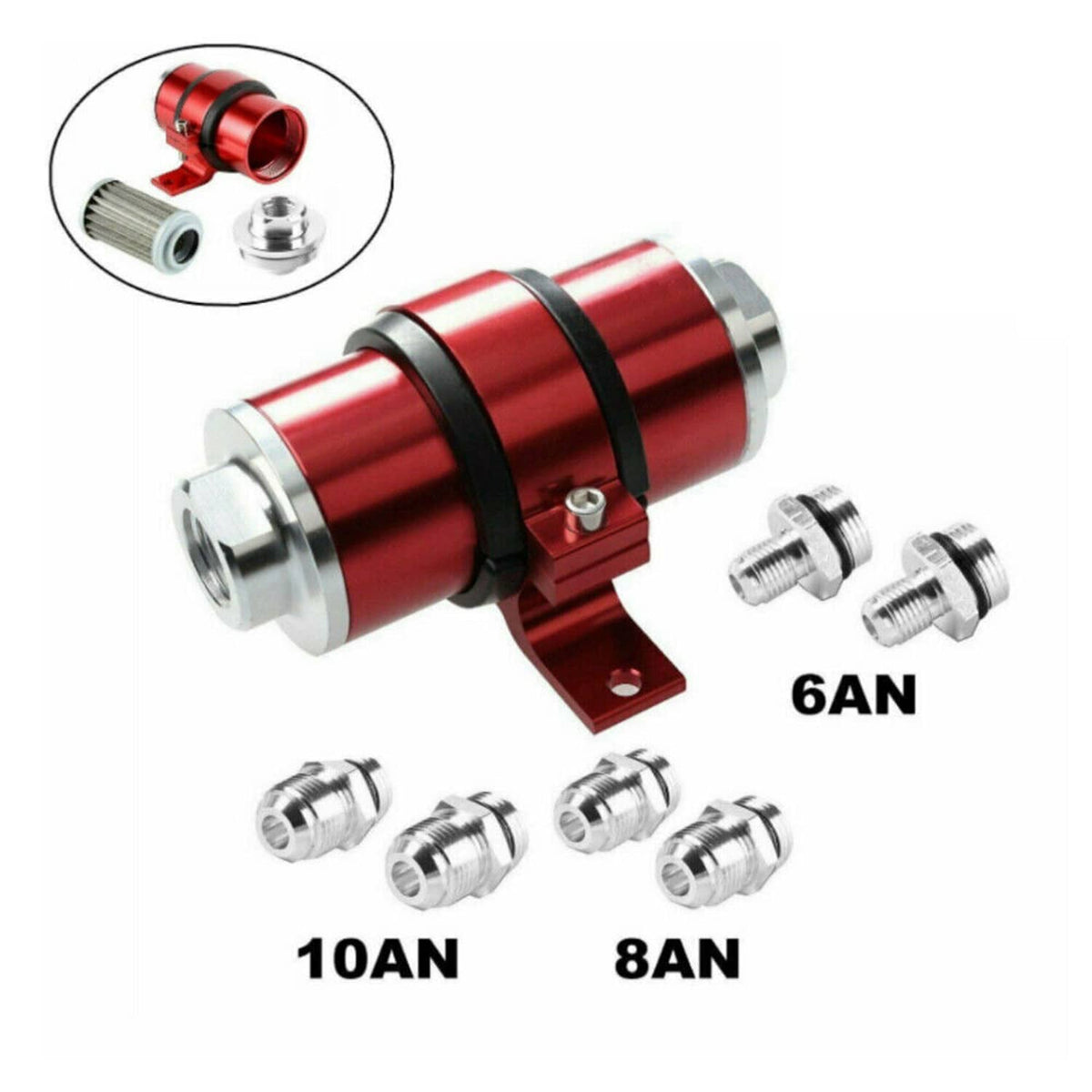 Solidspare Red 30 Micron Inline Fuel/Petrol Filter & Bracket Billet Aluminum An6/An8/An10