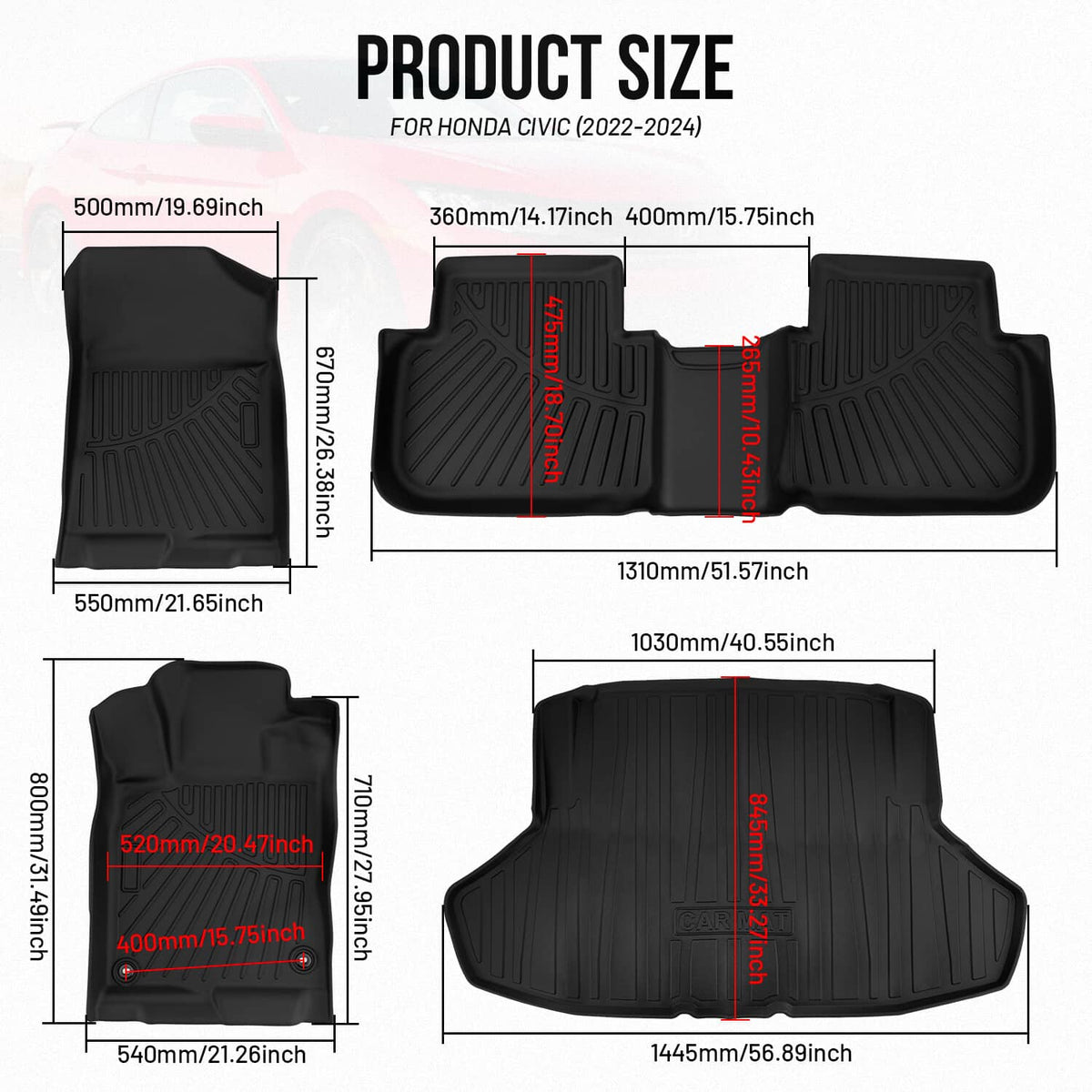 Solidspare 3D Molded Floor Mats & Cargo Liner For Honda Civic Sedan 2022-2025 All Weather