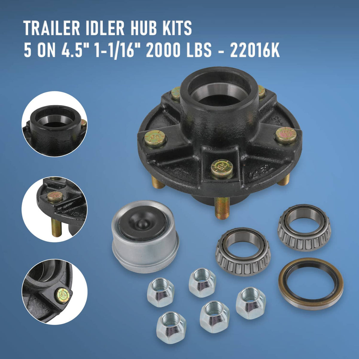 Solidspare 2 × Trailer Idler Hub Kits 5 on 4.5" 5 Lugs For 2000 lbs Axle 1-1/16" bearings