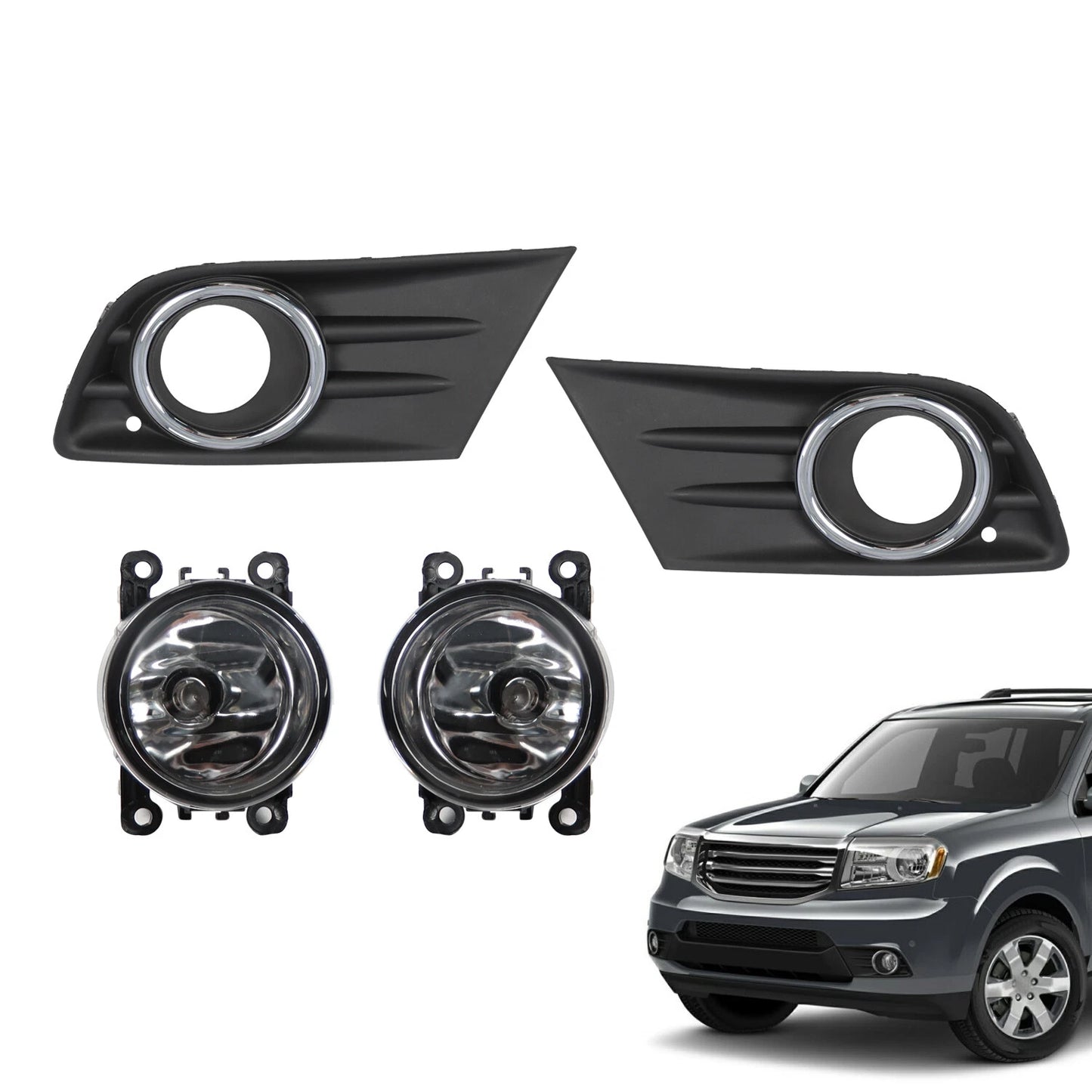 Right+Left Fog Light W/Cover & Chrome Trim For Honda Pilot 2012 2013 2014 2015