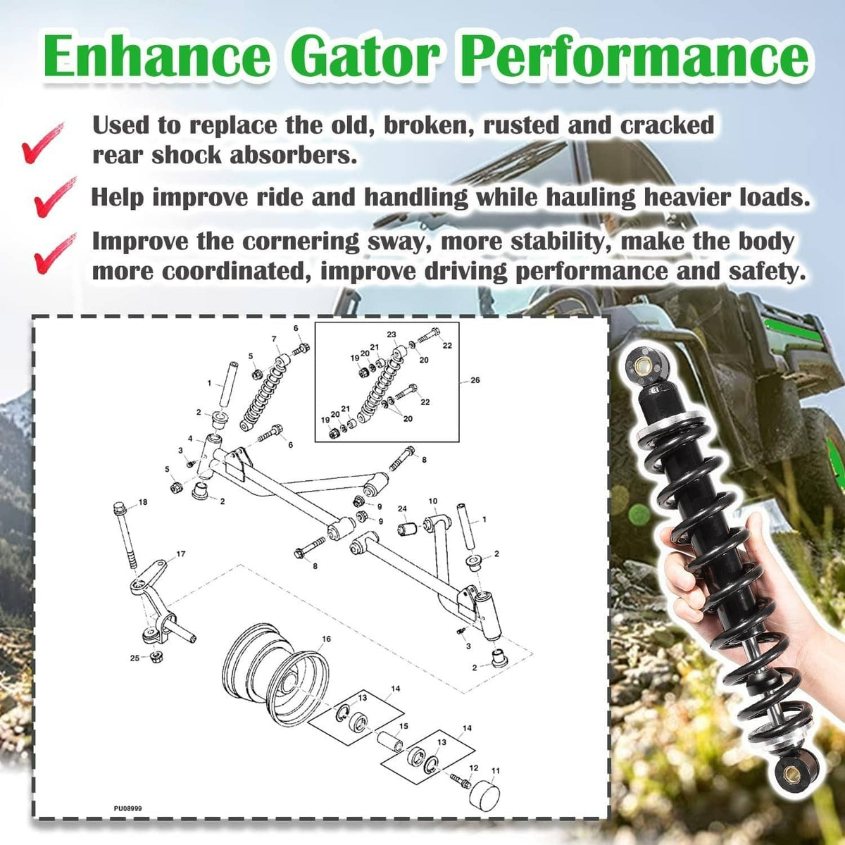 Solidspare 2 Pcs Front Suspension Heavy Duty Shock Absorber Kit For John Deere AM130448