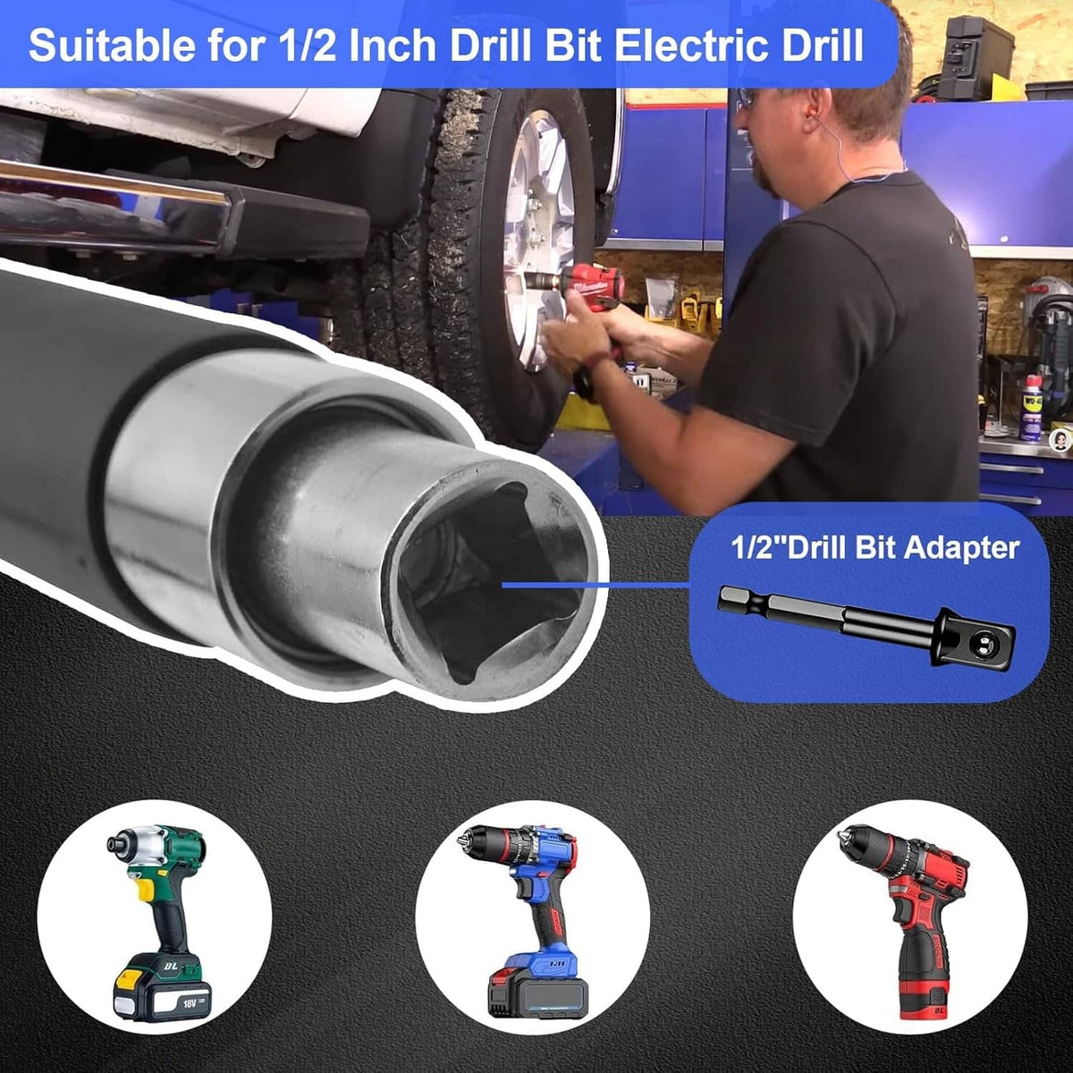 Solid Spare 1/2" Offset Extension Wrench Impact Ratchet Extender for Electric Drill 3/8" 1/4