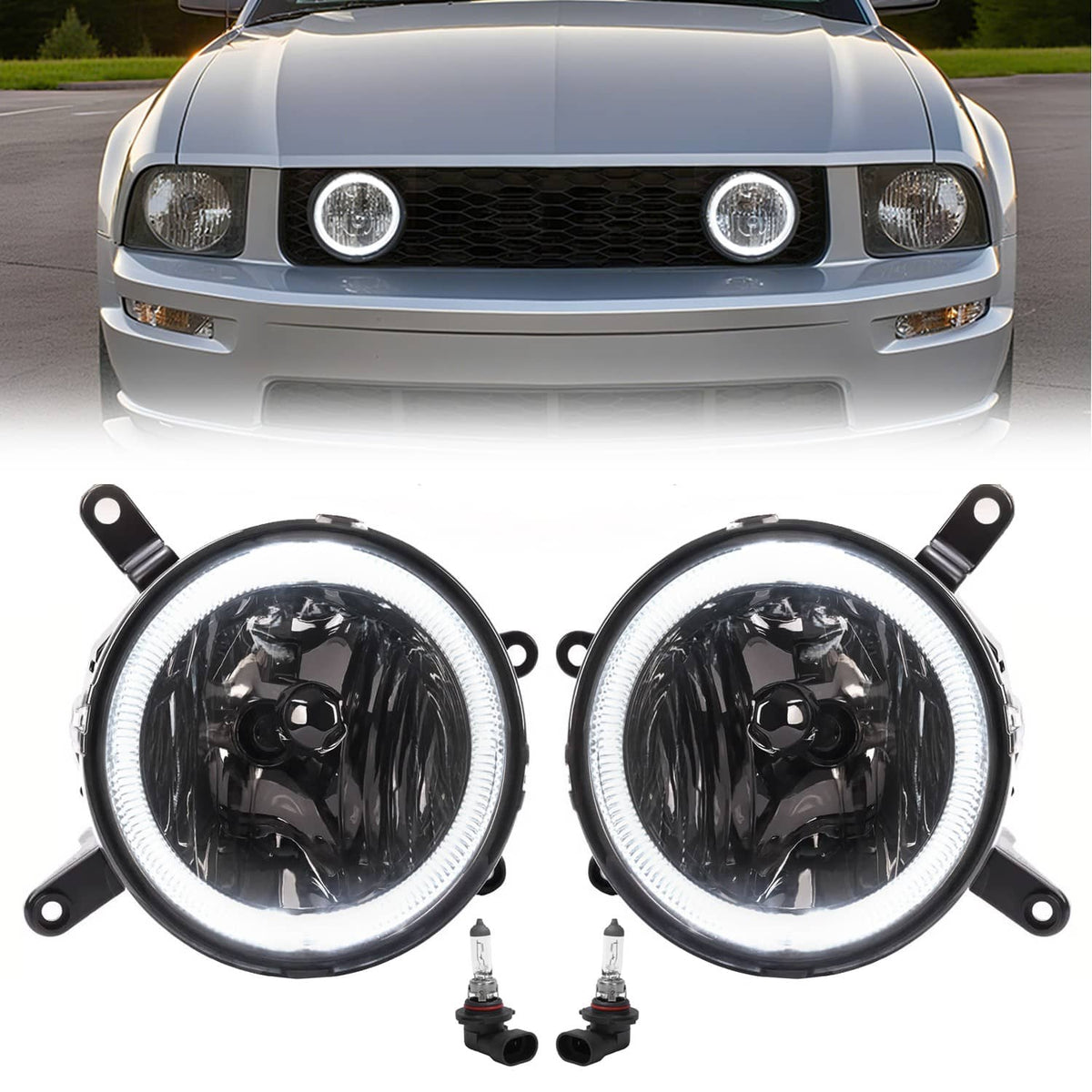 Solid Spare Fog Lights LED Halo Running Light Smoke Lens For Ford Mustang GT 2005-2009 RH&LH