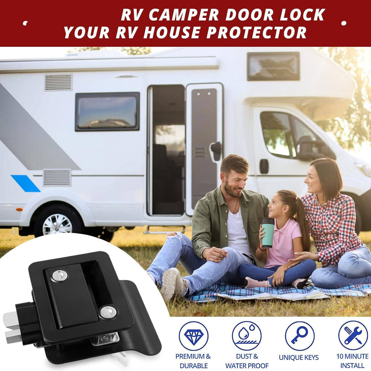 Solidspare RV Paddle Entry Door Lock Latch Handle Knob Deadbolt NEW Camper Trailer Black