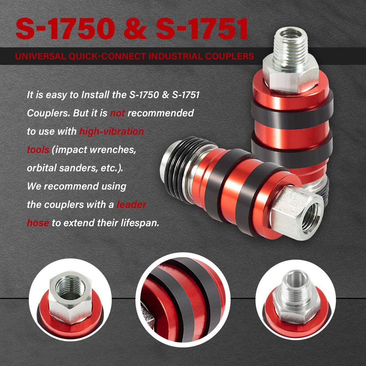 Solidspare S-1750 S-1751 Universal Quick-Connect Industrial Couplers 1/4" M/FNPT 1/4" Body