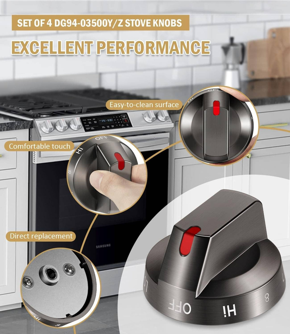 Solid Spare for Samsung NE63T8111SG/AA & NE63T8311SG/AA DG94-03500A/Z Stove Knob Kit 4PCS