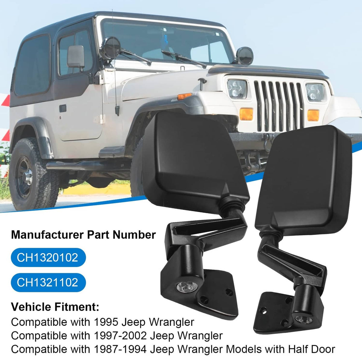 Solidspare Manual Side View Black Door Mirrors pair For 87-02 Jeep Wrangler Pair Set