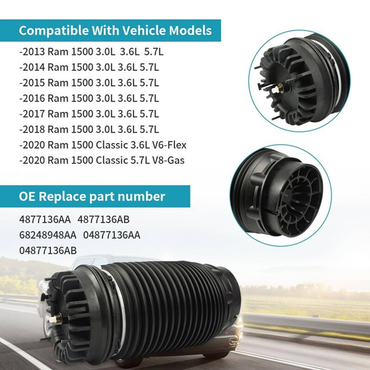 Solidspare 2Pcs Rear Air Suspension Spring Bags Rear L&R for 2013-2018 Ram 1500 04877136AA